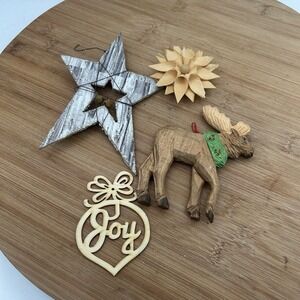 Vintage Christmas Ornaments Wood LOT of 4 Country Folk Art Carved‎ Cabin Moose
